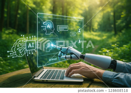 AI generated digital image showing a person using a laptop with a glowing transparent AI interface representing intelligent technology connection and futuristic communication 128608518