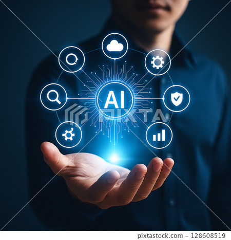 AI generated image showing a human hand projecting a glowing AI interface surrounded by futuristic icons representing technology security communication and intelligence 128608519