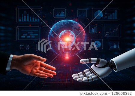 AI generated futuristic image showing a symbolic interaction between a human hand and a robotic hand reaching toward each other over glowing digital globe surrounded by data charts interface overlays 128608552