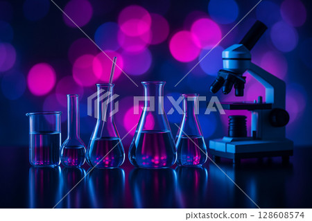 AI generated a realistic photo of lab glassware and a microscope on reflective surface with abstract bokeh background in pink purple and blue tones representing modern science mood mystery precision 128608574