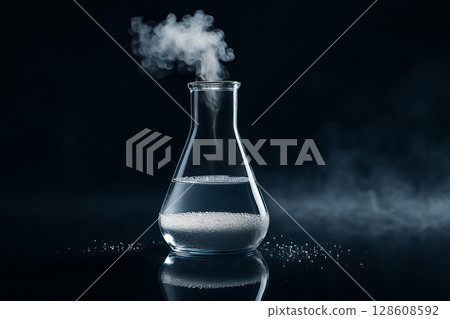 AI generated realistic lab scene showing a glass flask with transparent liquid and white granules emitting cool white vapor on a dark reflective surface 128608592