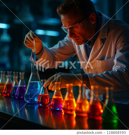 AI generated realistic image of a male scientist in a modern laboratory using a pipette with intense focus surrounded by glowing colorful chemical flasks in a futuristic science experiment scene 128608593