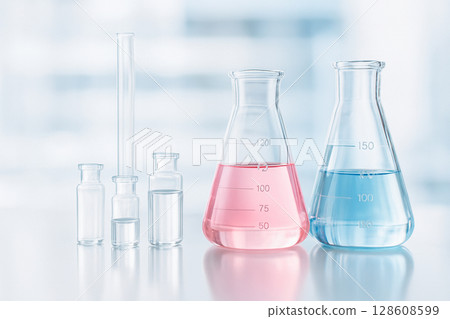 AI generated clean laboratory glass flasks with pink and blue fluid in a bright sterile setting symbolizing precision research purity and scientific professionalism 128608599