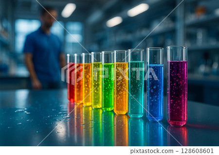 AI generated high precision rainbow colored test tubes arranged on reflective lab table showing active chemical reactions in vibrant modern laboratory setting 128608601