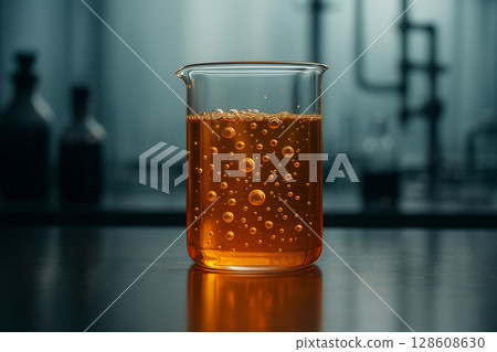 AI generated a close up of a transparent beaker containing orange liquid with floating bubbles placed on a dark lab surface with a blurred scientific background AI generated a close up of a transparent beaker containing orange liquid with floating bubbles placed on a dark lab surface with a blurred scientific background 128608630