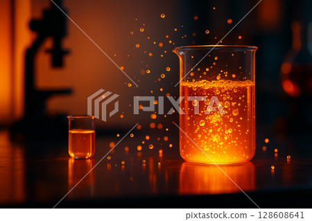 AI generated a futuristic lab scene featuring a glowing orange beaker with floating bubbles and light particles surrounded by warm light and advanced equipment AI generated a futuristic lab scene featuring a glowing orange beaker with floating bubbles and light particles surrounded by warm light and advanced equipment 128608641