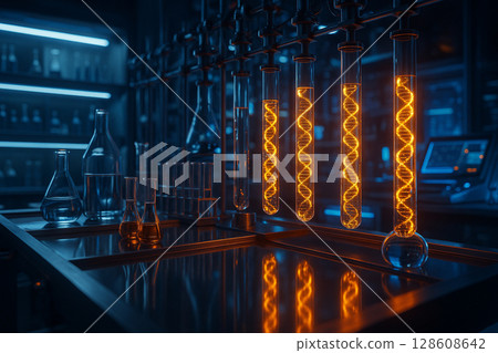 AI generated image of a high tech laboratory featuring glowing orange helix energy streams inside transparent tubes in a sci fi setting with blue ambient light and futuristic devices 128608642