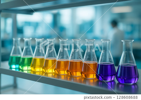 AI generated a modern science lab with colorful liquids in neatly arranged Erlenmeyer flasks on clean shelves under soft lighting with blurred background for professional research ambiance 128608688