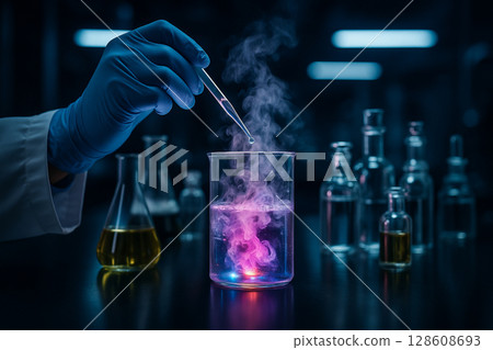 AI generated a high tech science lab with a gloved hand adding liquid to a glowing beaker emitting colorful smoke in a mysterious neon blue environment filled with chemistry equipment AI generated a high tech science lab with a gloved hand adding liquid to a glowing beaker emitting colorful smoke in a mysterious neon blue environment filled with chemistry equipment 128608693