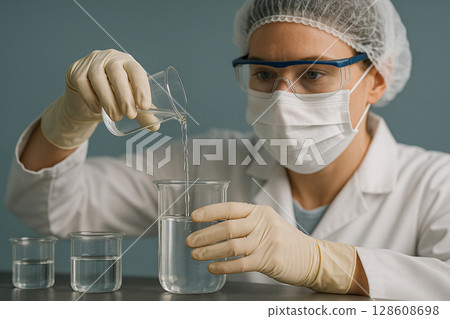 AI generated image of a female scientist in full safety gear carefully pouring clear liquid between glass beakers in a research lab under focused lighting AI generated image of a female scientist in full safety gear carefully pouring clear liquid between glass beakers in a research lab under focused lighting 128608698