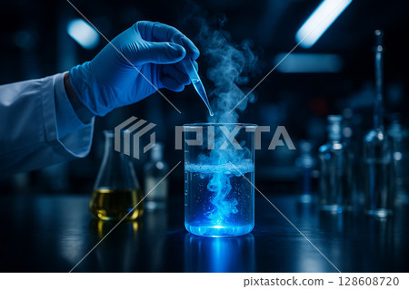 AI generated laboratory scene showing a gloved hand using a pipette to drop glowing blue liquid into a steaming beaker with cool neon lighting in a high tech environment AI generated laboratory scene showing a gloved hand using a pipette to drop glowing blue liquid into a steaming beaker with cool neon lighting in a high tech environment 128608720