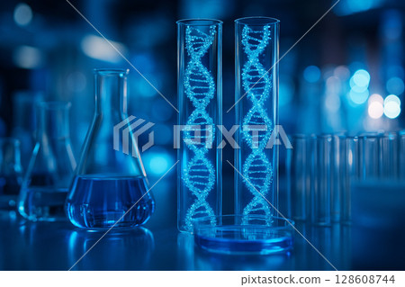 AI generated a glowing DNA model inside test tubes in a high tech lab surrounded by neon lights conveying innovation precision and future biotechnology 128608744