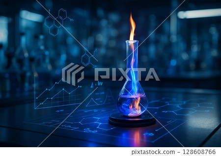 AI generated a glass test tube with vibrant flame rising from a metal base in a cool toned lab surrounded by scientific tools evoking energy precision and mystery 128608766