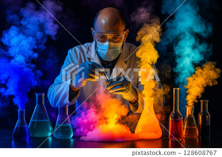 AI generated high detail science experiment showing vibrant chemical reaction with colorful smoke and glassware in dramatic lab setting AI generated high detail science experiment showing vibrant chemical reaction with colorful smoke and glassware in dramatic lab setting 128608767