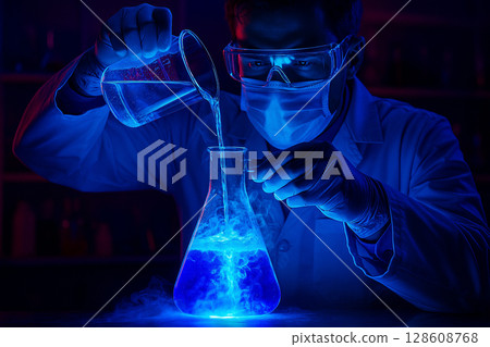 AI generated a scientist pouring glowing liquid into a flask causing a bright blue reaction in a futuristic lab with neon light and chemical smoke 128608768