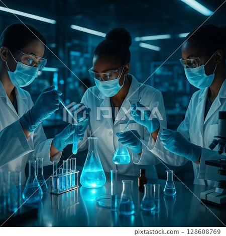 AI generated high tech science lab scene showing three female scientists working together with glowing liquids and advanced tools in a futuristic research environment AI generated high tech science lab scene showing three female scientists working together with glowing liquids and advanced tools in a futuristic research environment 128608769