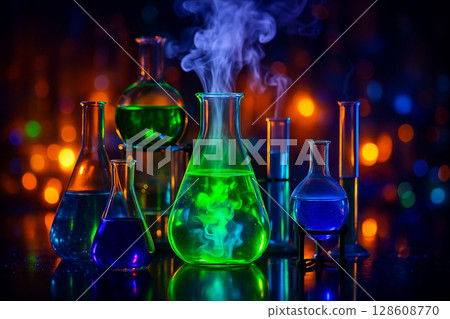 AI generated surreal lab scene with glowing colorful liquids steam and cinematic lighting creating a sense of mystery and scientific energy 128608770