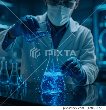 AI generated scientist pouring glowing blue liquid into flask in clean lab setting with reflections and depth creating precise mysterious atmosphere 128608773