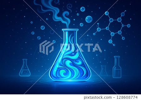 AI generated surreal science illustration of a glowing flask with swirling blue liquid vapor and floating molecules in a futuristic digital space with clean abstract composition AI generated surreal science illustration of a glowing flask with swirling blue liquid vapor and floating molecules in a futuristic digital space with clean abstract composition 128608774