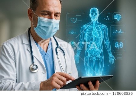 AI generated doctor using digital tablet to analyze human body hologram with medical data icons in futuristic healthcare environment 128608826
