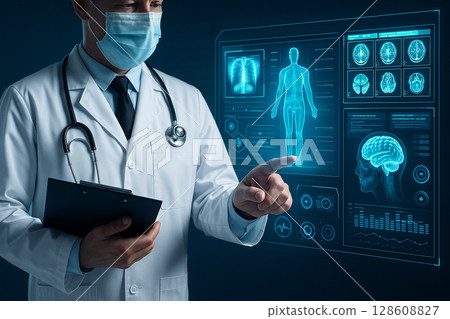 AI generated futuristic doctor interacting with virtual screen displaying anatomy and brain scan data in a high tech healthcare environment 128608827