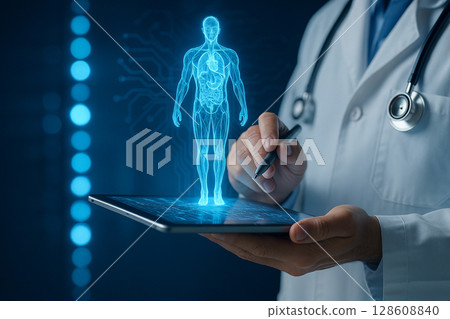 AI generated futuristic doctor using digital pen to analyze 3D human body hologram projected from tablet with circuit pattern in virtual healthcare setting AI generated futuristic doctor using digital pen to analyze 3D human body hologram projected from tablet with circuit pattern in virtual healthcare setting 128608840