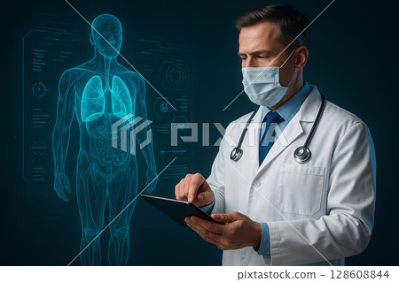 AI generated a male doctor in white coat using tablet to examine transparent human lungs in a glowing holographic display futuristic medical technology concept AI generated a male doctor in white coat using tablet to examine transparent human lungs in a glowing holographic display futuristic medical technology concept 128608844