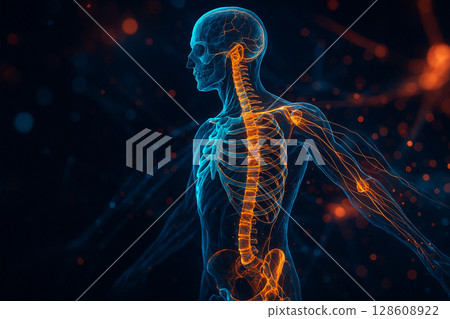 AI generated sci fi medical scan of male upper body side view showing glowing skeleton and nervous system in blue and orange tones against abstract background 128608922