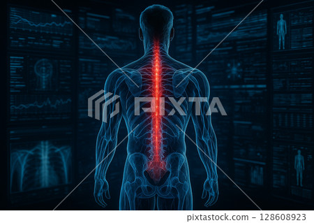 AI generated high detail rear view of male body with glowing spine nerves and blood vessels in sci fi medical interface background 128608923