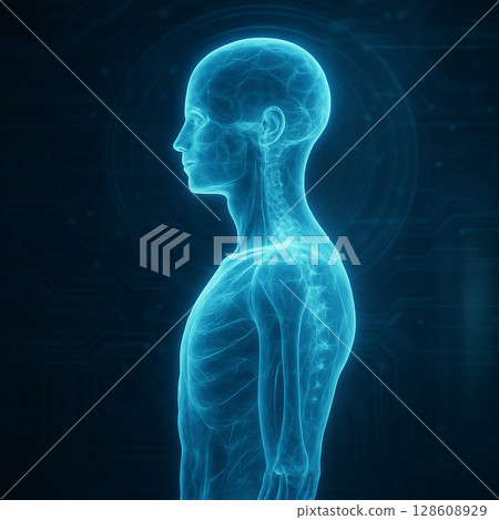 AI generated ultra detailed side view of a male holographic body showing translucent bones and nervous system with futuristic biointerface in soft blue glow 128608929