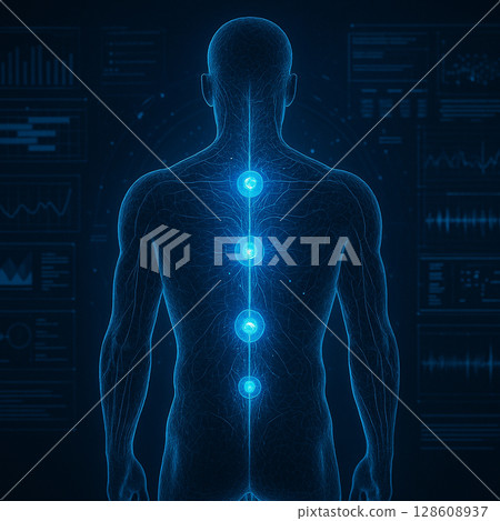 AI generated futuristic scan of human male back anatomy showing glowing blue neural pathway with digital HUD interface in a sci fi medical setting AI generated futuristic scan of human male back anatomy showing glowing blue neural pathway with digital HUD interface in a sci fi medical setting 128608937