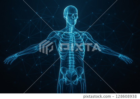 AI generated ultra detailed digital rendering of human anatomy showing glowing skeletal structure and abstract neural networks in sci fi medical interface AI generated ultra detailed digital rendering of human anatomy showing glowing skeletal structure and abstract neural networks in sci fi medical interface 128608938