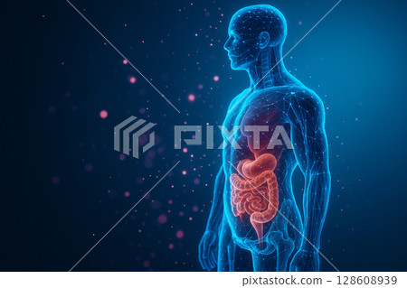 AI generated anatomical side view of male torso with glowing internal organs and abstract mesh network in a sci-fi medical environment AI generated anatomical side view of male torso with glowing internal organs and abstract mesh network in a sci-fi medical environment 128608939