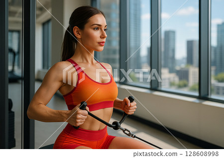AI generated athletic woman exercising upper back in modern gym with large windows city view clean space and natural daylight ideal for fitness and wellness themes 128608998