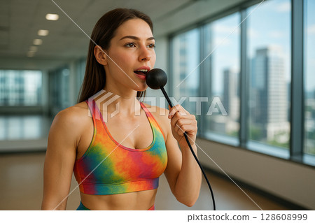 AI generated athletic woman training jaw muscle in bright modern gym with city view and clean atmosphere ideal for wellness and fitness content 128608999
