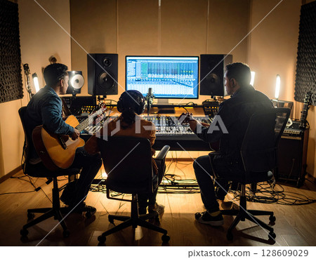 AI generated professional music studio scene featuring a computer screen with audio mixing software, microphone, musical instruments, and silhouette figures singing and playing guitar 128609029