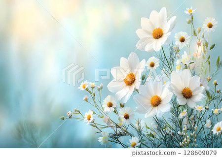 Delicate White Daisies with Soft Blue Background Perfect for Nature and Floral Themes Delicate White Daisies with Soft Blue Background Perfect for Nature and Floral Themes 128609079