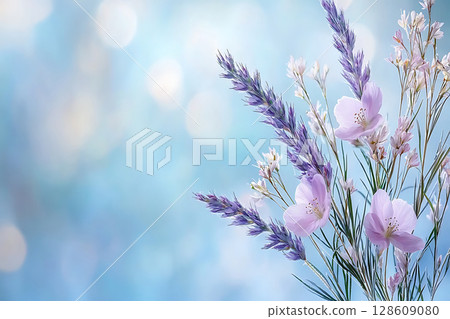 Delicate Pink and Purple Flowers Against a Soft Blue Background for Nature Lovers Delicate Pink and Purple Flowers Against a Soft Blue Background for Nature Lovers 128609080