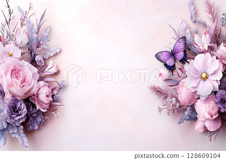Elegant Floral Arrangement with Butterflies on Soft Pink Background for Spring Decor 128609104