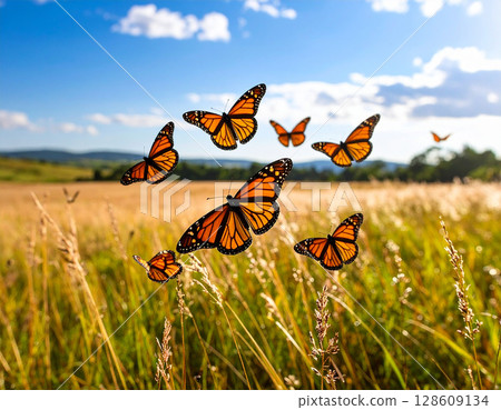 AI generated group of male monarch butterflies in flight over a glistening dewy grassland with endless fields stretching to the horizon under a vibrant blue sky AI generated group of male monarch butterflies in flight over a glistening dewy grassland with endless fields stretching to the horizon under a vibrant blue sky 128609134