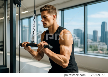 AI generated image of a young man performing a tricep pushdown in a sleek, modern gym with a stunning cityscape. Natural light fills the space, offering a clean and fresh atmosphere. 128609158