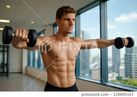 AI generated A fit man performs a lateral deltoid raise in a spacious modern gym with a clear city skyline. The natural daylight illuminates the clean, sleek environment 128609161