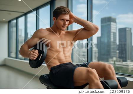 AI generated image of a fit man performing a side crunch exercise in a spacious gym. The gym features a modern city view through large windows with natural daylight illuminating the scene. 128609176