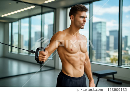 AI generated A fit young man performs a focused rear deltoid exercise in a bright, modern gym with city skyline views. The natural light and minimalist design create a clean and energizing atmosphere. 128609183