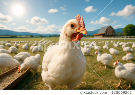AI generated image of a broiler chicken standing proud in a sunny pasture with a flock in the background. The vibrant landscape includes a barn, white fence, and clear sky, evoking a sense of calm AI generated image of a broiler chicken standing proud in a sunny pasture with a flock in the background. The vibrant landscape includes a barn, white fence, and clear sky, evoking a sense of calm 128609202