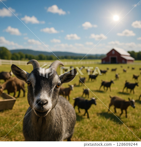 AI generated pygmy goat staring at camera in sunny farm field with barn herd and hills under blue sky warm countryside mood 128609244