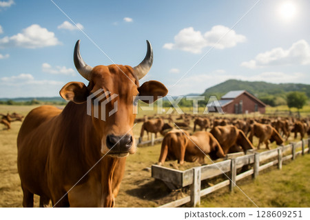 AI generated image of a Zebu cow standing in the foreground with a herd grazing in the background. The scene captures a peaceful rural ranch with wide open fields, a barn 128609251
