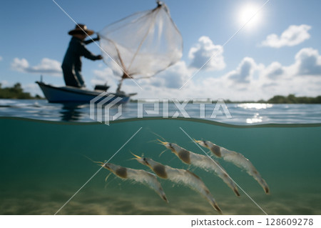 AI generated image depicting a serene underwater aquaculture scene with whiteleg shrimp swimming in clear waters. Above, a fishing boat casts a net under a bright sun and blue sky. 128609278