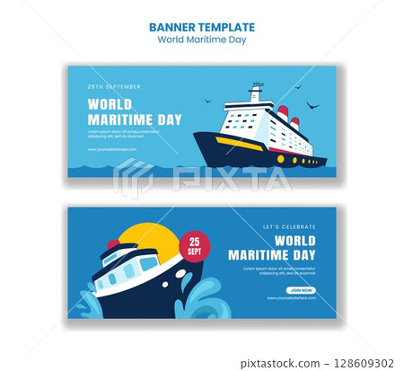 Maritime Day Celebration Social Media Horizontal Banner in Flat Cartoon Hand Drawn Style 128609302