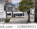 [Passenger advertisements blurred] A streetcar passing through Hakodate Daisanzaka, Suehirocho, Hakodate City 128609431